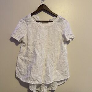 Boho Cottagecore White 100% Linen Embroidered Short Sleeve Casual Blouse Size S
